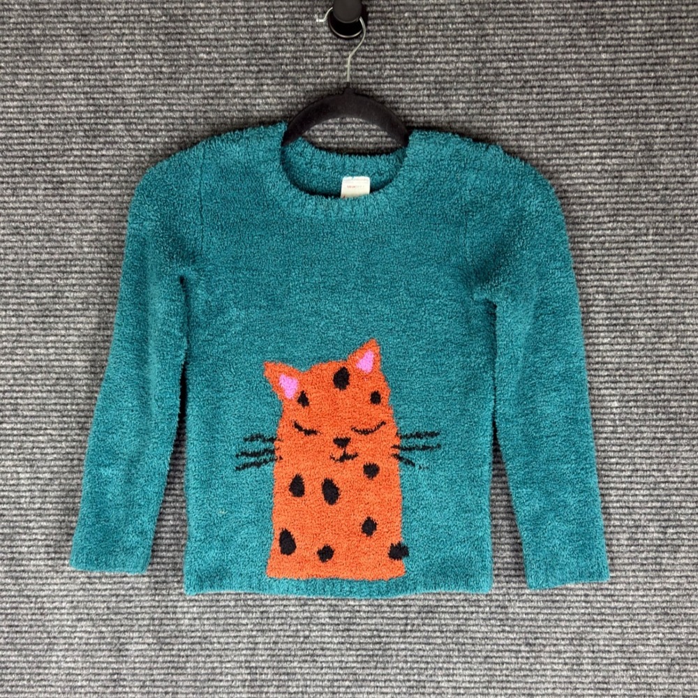 Hanna Andersson Sweater Kids 120 US 6-7 Teal Blue Fuzzy Sherpa Cat 67048 FWH23